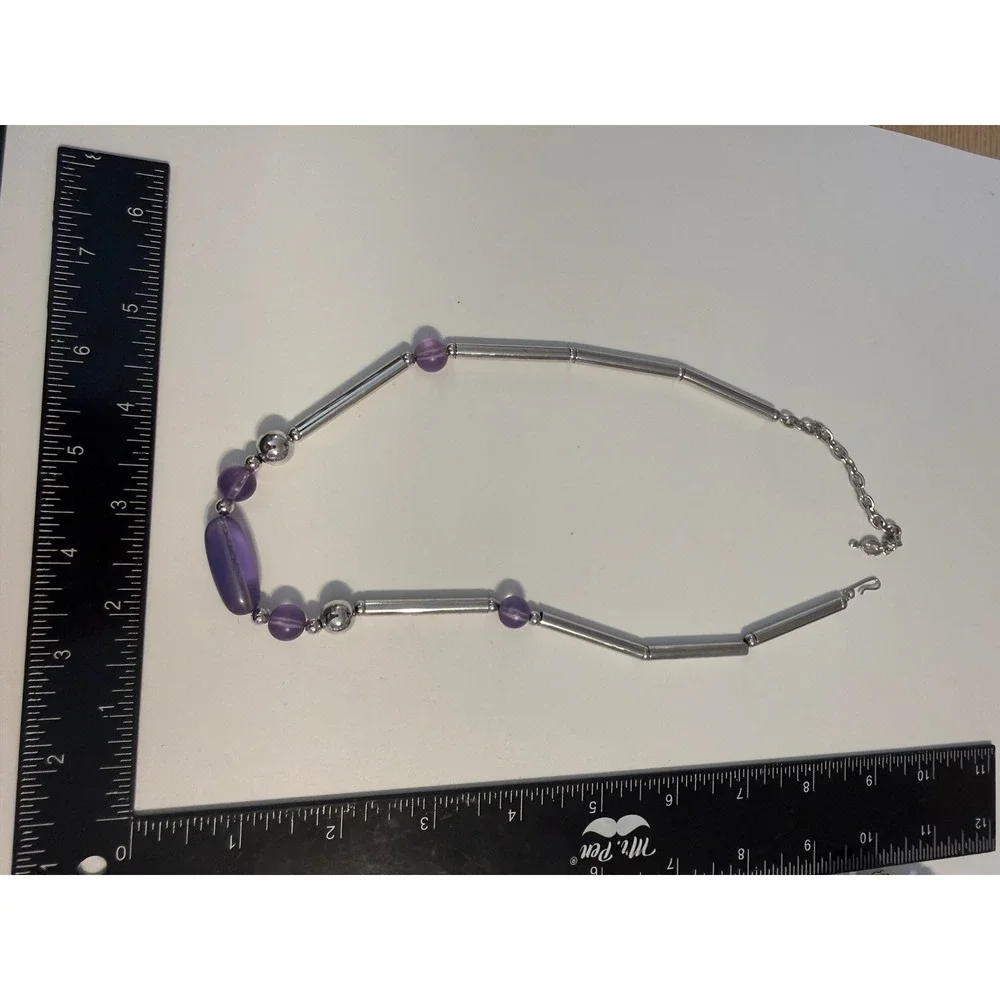 Sarah Coventry Vintage Silver Tone Purple Bead‎ Bar Link Adjustable Necklace